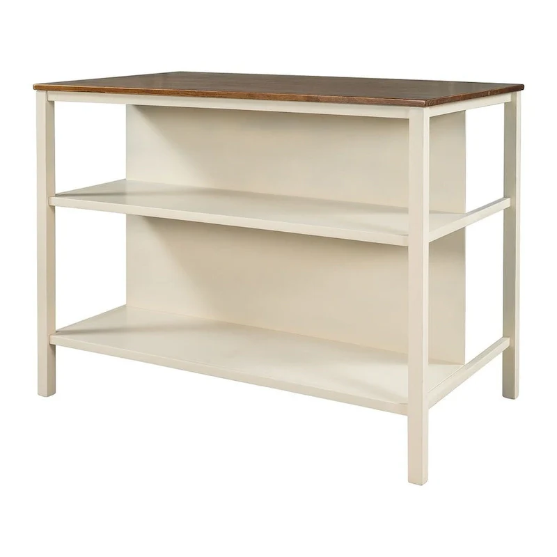 Farmhouse Solid Wood 45 Fixed Kitchen Island with 2 Open Shelves