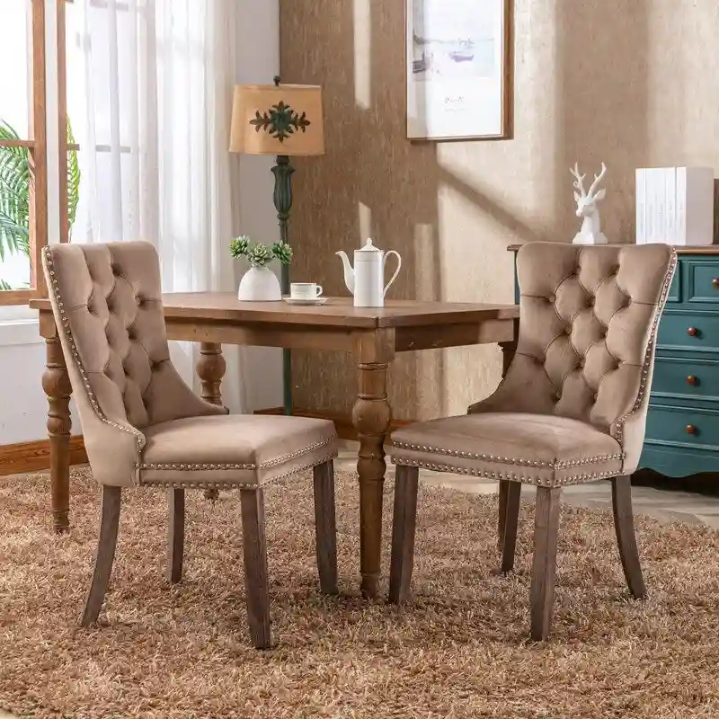 Tufted Velvet Upholstered Dining Chair with Solid Wood Legs, Set of 2