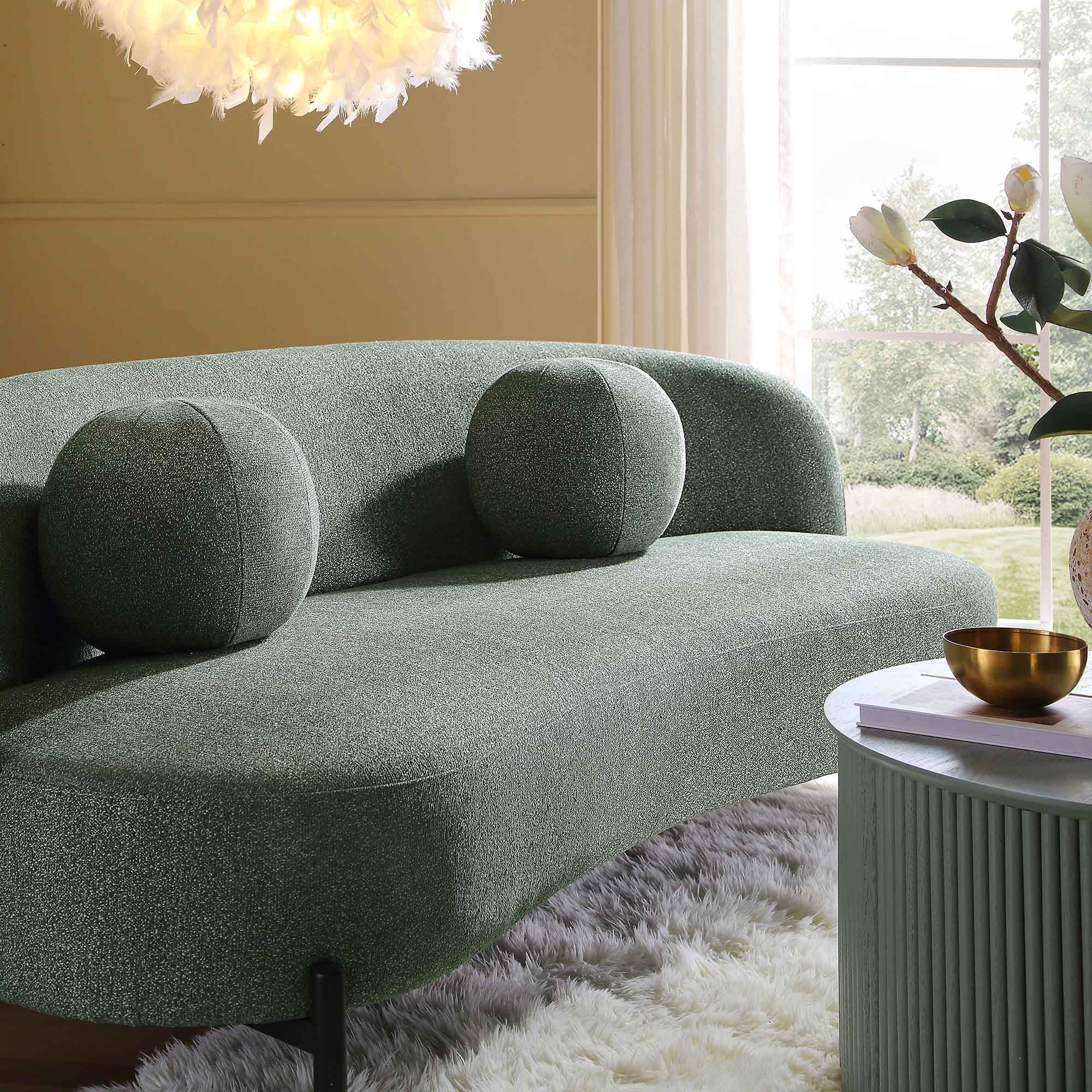 3-Seater Curved Sofa with Ball Cushions, Spruce Green Textured Fabric