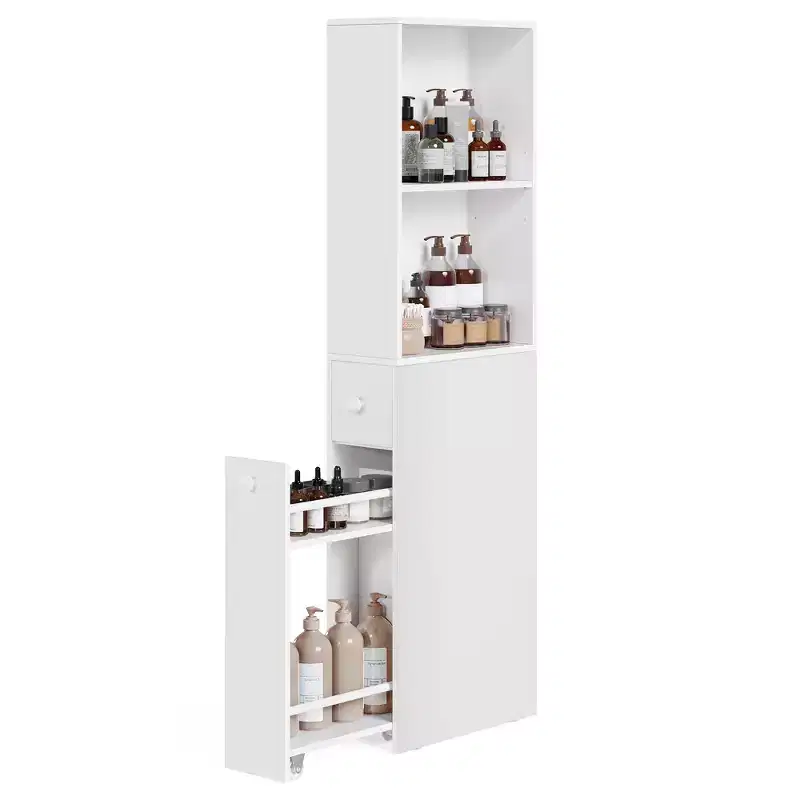 VASAGLE Slim Storage Cabinet, Narrow Cabinet, Freestanding Cabinet with Storage Drawers and Adjustable Shelf, White