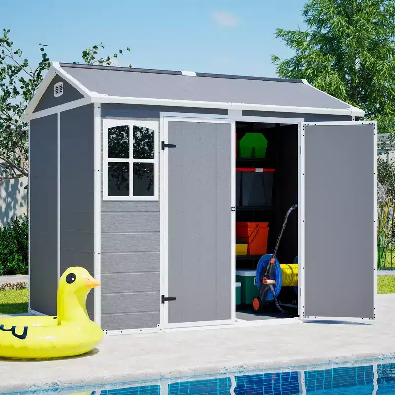 8 x 6 FT Plastic Utility Shed, Lockable Storage Shed for Garden Tools & Trash Bins, All-Weather Outdoor Organizer