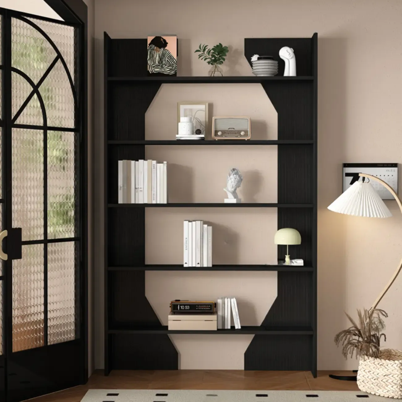 Simple Black Wood 5-Shelf Open Rectangle Bookcase