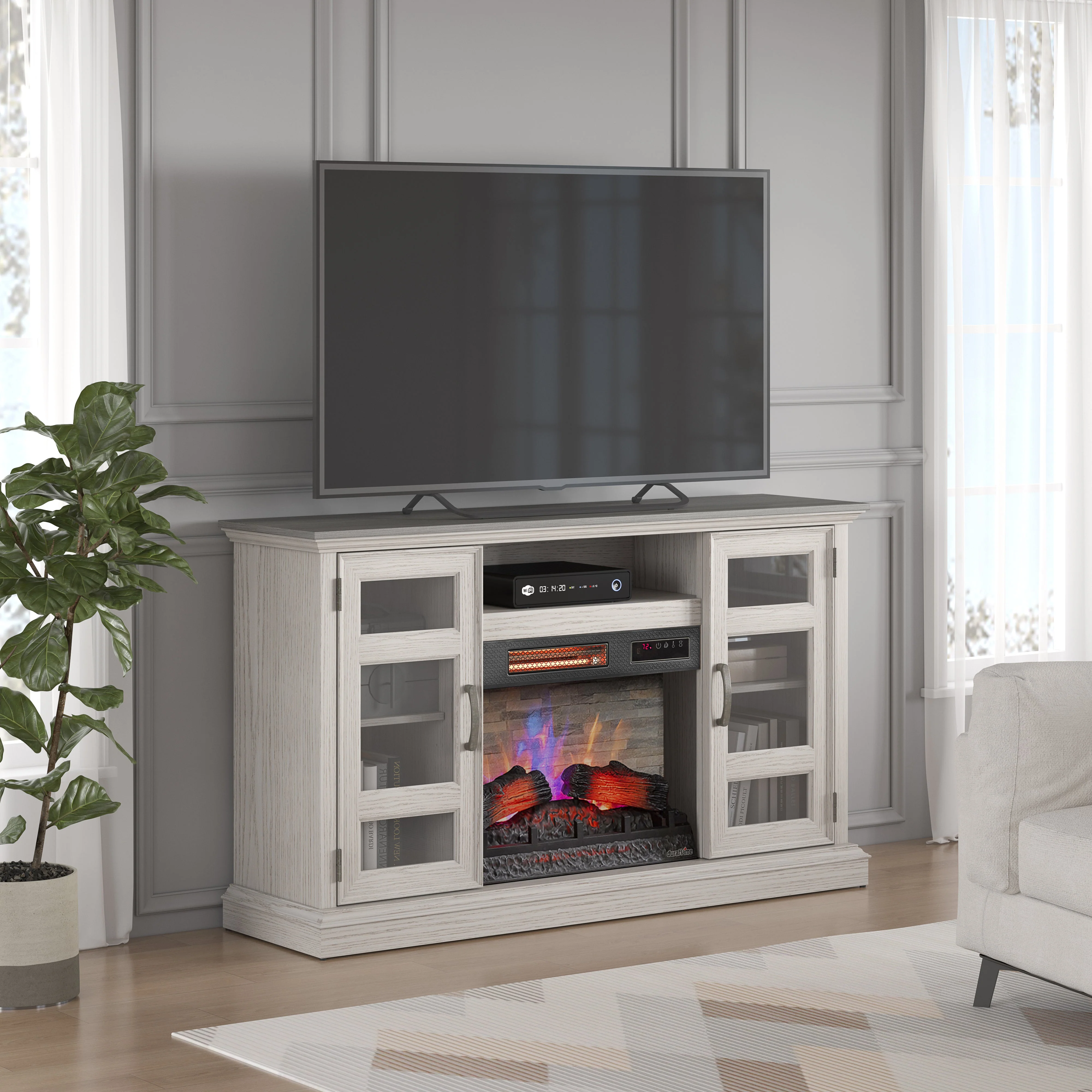 duraflame? Two Tone Wood Oak Electric Fireplace TV Stand with 3D Flames