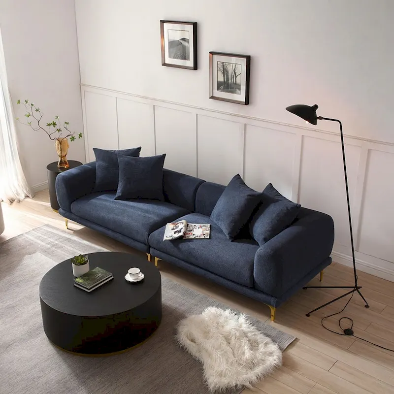 Fabric Sofa with Recessed Arms & Metal Legs – Blue / Beige, Mid-Century Modern, Seats 4