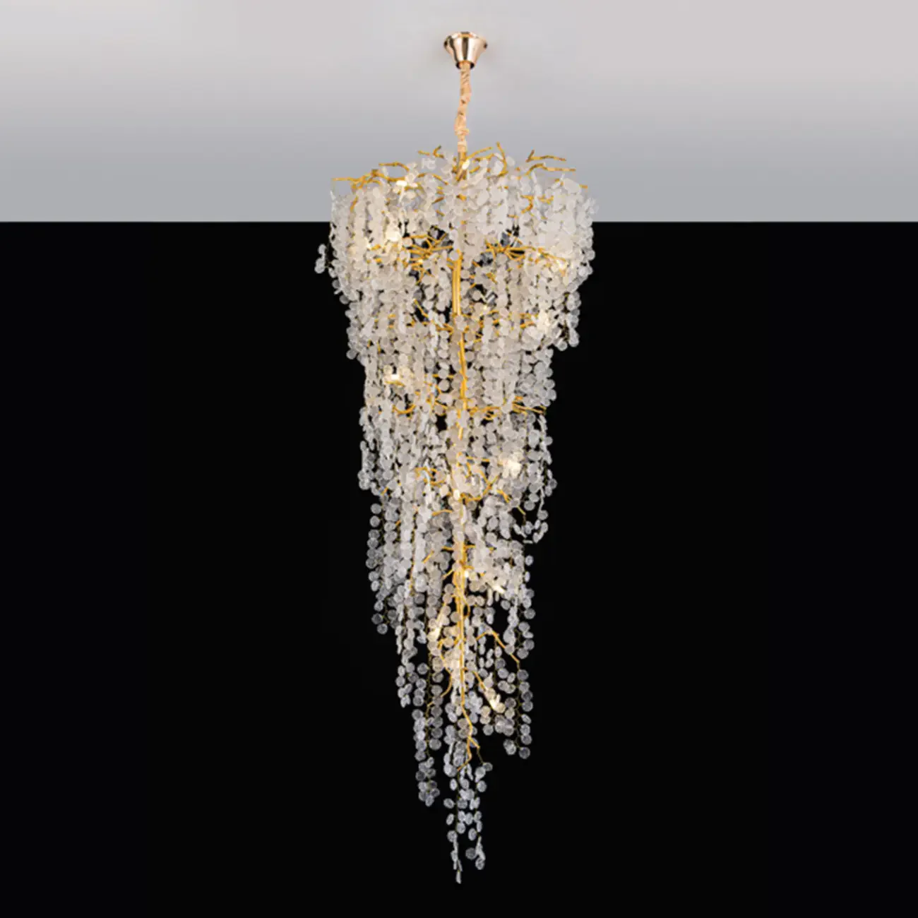 Elegant Gold Crystal Downfall Cascading Stairwell Chandelier