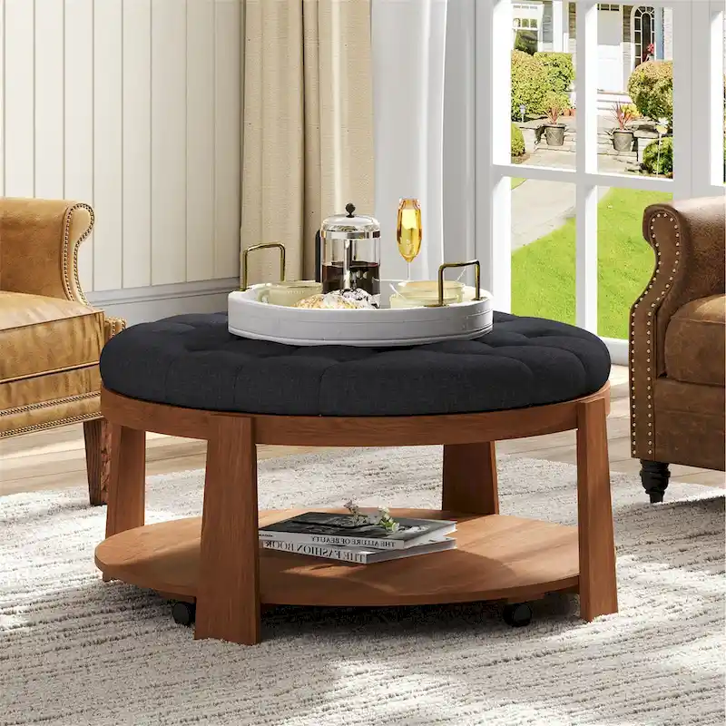 36  Round Button Tufted Upholstered Coffee Table with Wood Shelf and Wheel