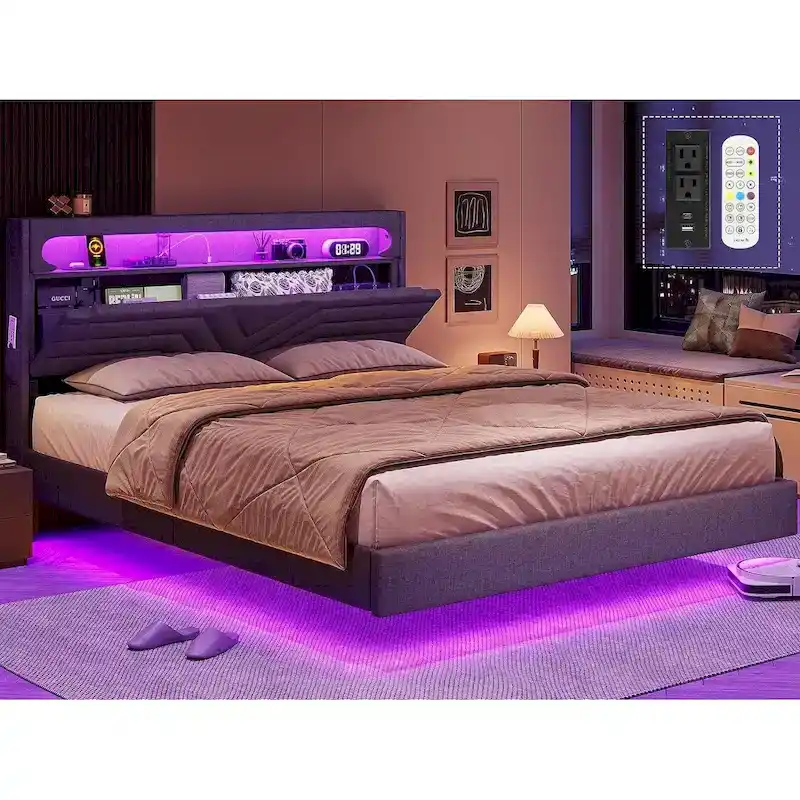 Bed Frame LED Lights Headboard & USB-C/A Charging Station 4 Drawers