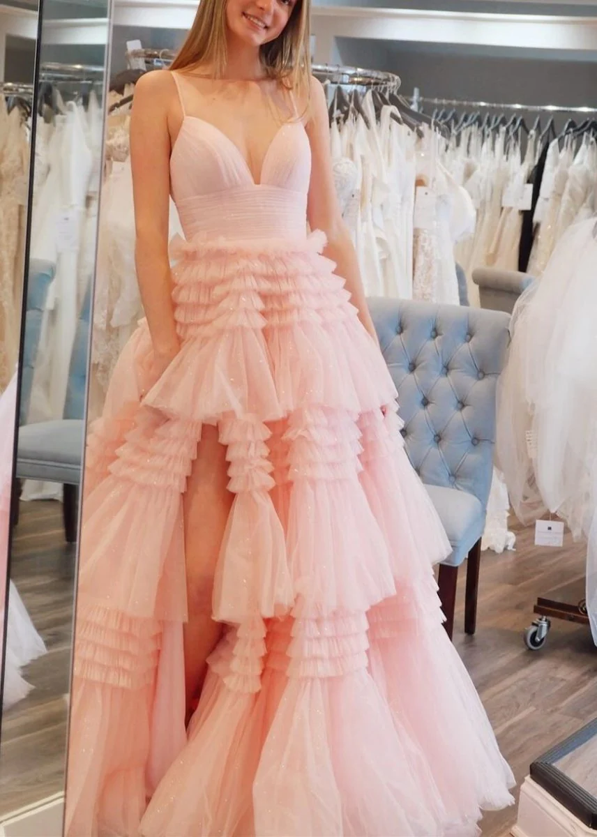 A-Line Spaghetti Straps Long Tiered Tulle Prom Dress With Split