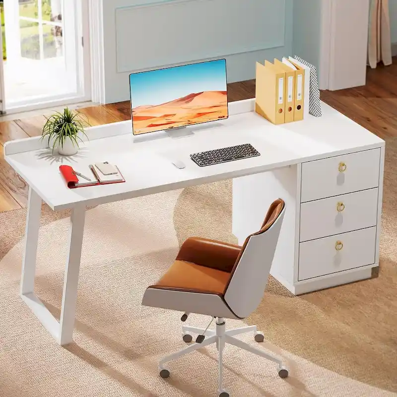 White 55-Inch Modern Computer Desk with Drawers