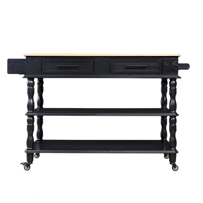 Rolling OAK Wood Top Kitchen Cart with Wine Rack and 2 Drawers