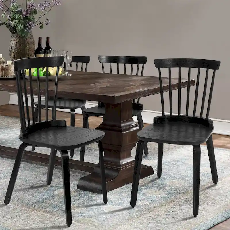 Farmhouse Spindle-back Windsor Dining Chairs with Bentwood Legs, Black - 33.5