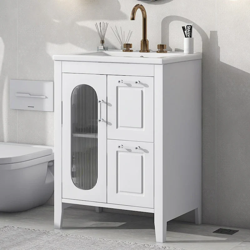 Grey/White Bathroom Vanity Cabinet with Ceramic Sink, 2 Drawers & Door