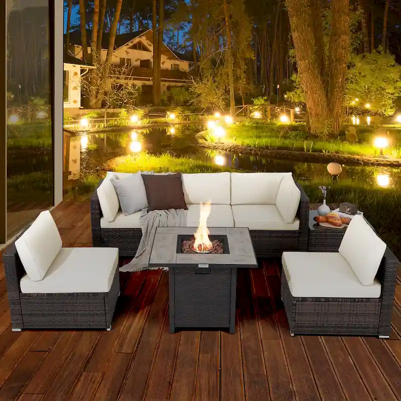 Costway 7PCS Patio Rattan Furniture Set 30 Fire Pit Table Cover - See Details