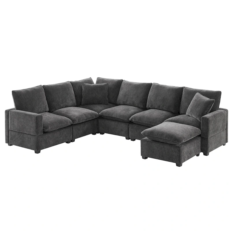 U Shape Modular Sofa, 7 Seat Chenille Sectional Upholstered Couch Set