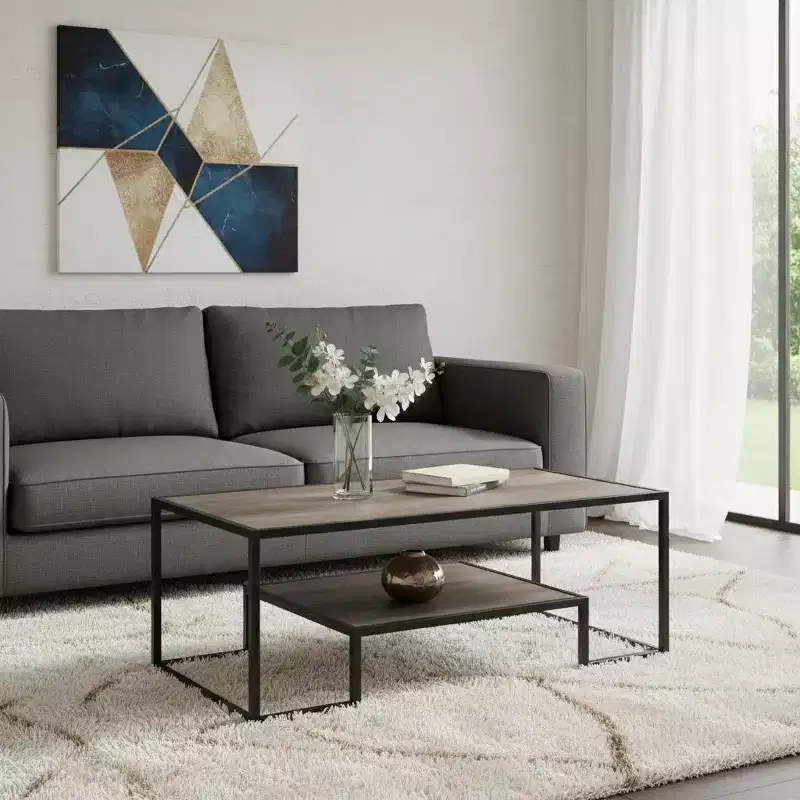 HomeRoots 45 Brown and Black Metal Sled Coffee Table With Shelf