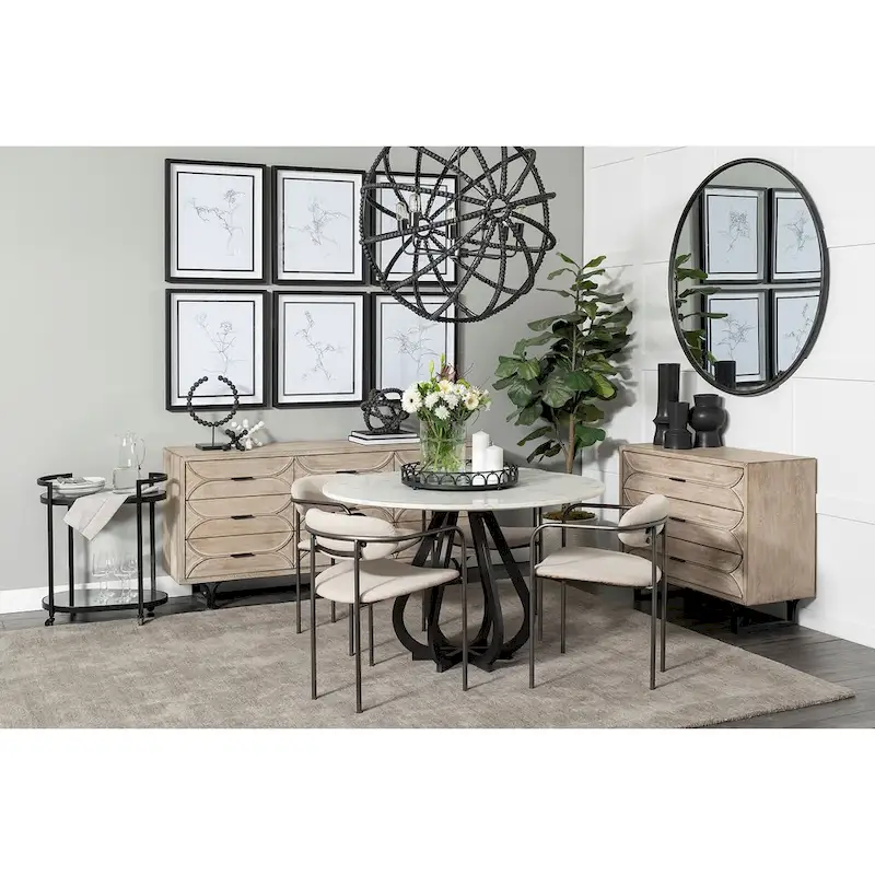 Dining Armchair, Open-Back, Fabric Upholstery, Matte Black Metal Frame, No Assembly Required, Beige & Gun Metal Gray, 1-Person Use