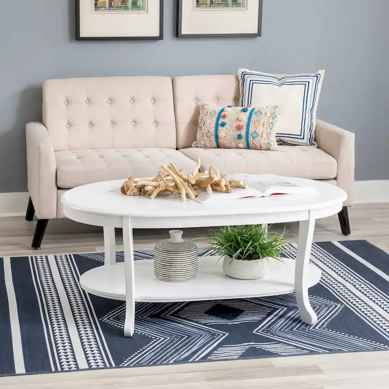 Rustic White Wood Coffee Table with Two Shelves