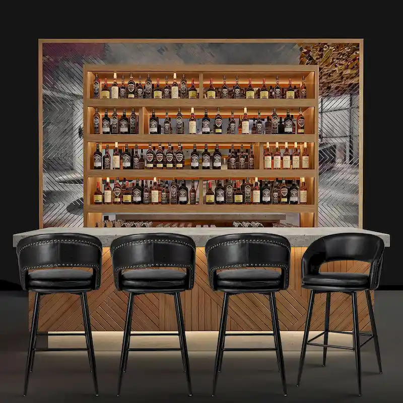 Mid-Century Modern Faux Leather Bar Stool with Nailhead Trim & Metal Legs – Black / Brown