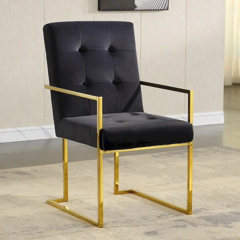 Velvet Tufted Dining Chair, Black / Beige / White, Gold Sled Base, Set of 1