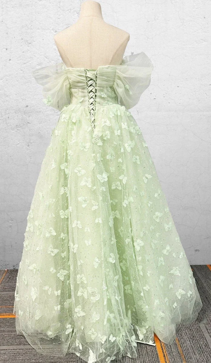 Boho A-Line Off The Shoulder Sage Green Floor-Length Quinceanera Dress
