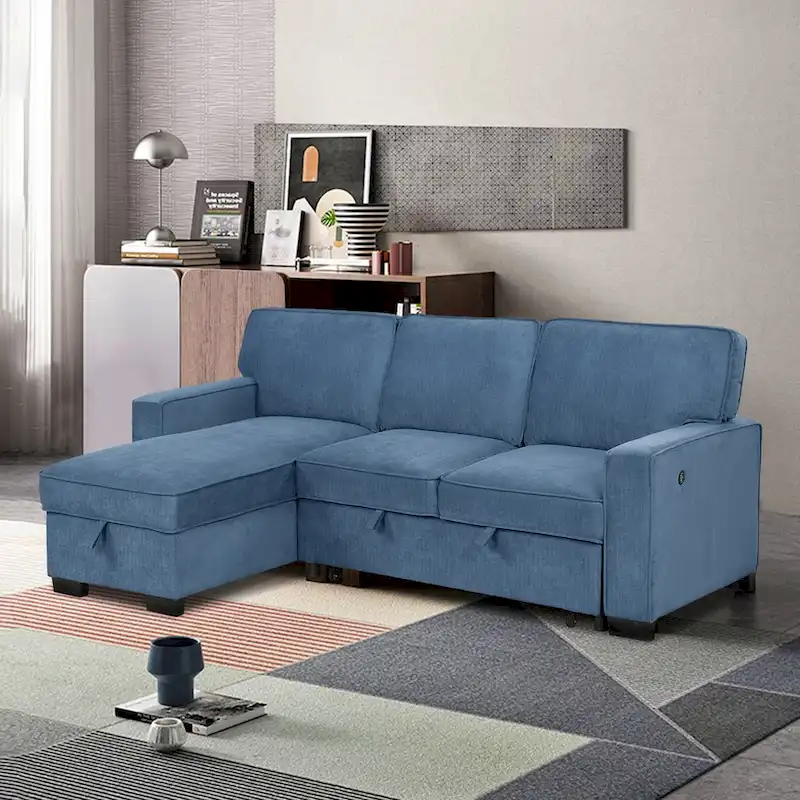 Sectional Sleeper Sofa with Pull-Out Bed, USB Ports, Cup Holders and Storage Chaise