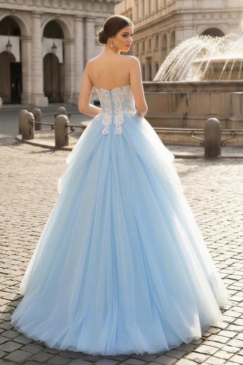 A-Line Lace Sweetheart Neck Blue Long Prom Dress