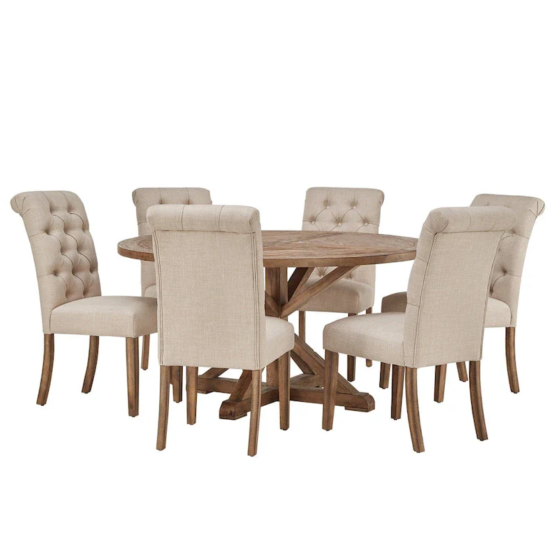 Benchwright Rustic X-base Round Pine Wood Rolled Back 7-piece Dining Set by iNSPIRE Q Artisan