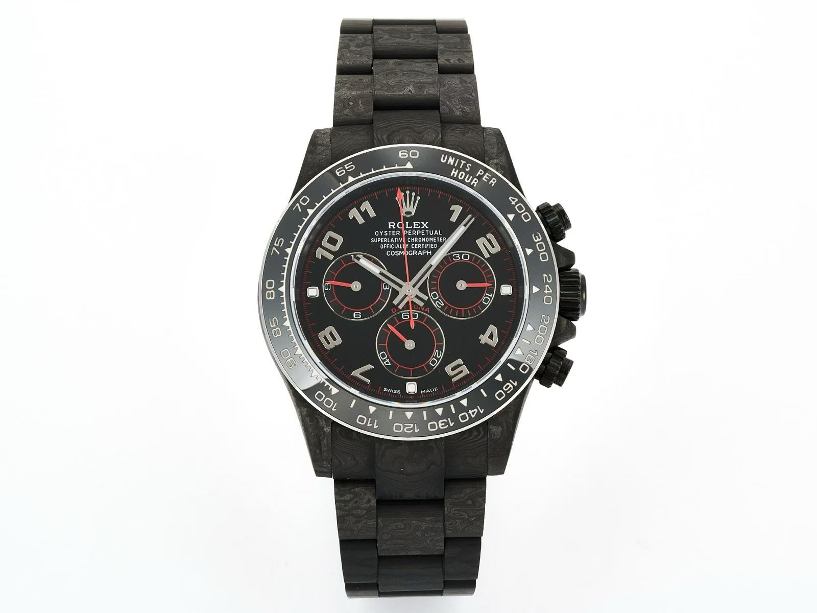 Rolex Daytona carbon fiber replica front face with black dial and red accents