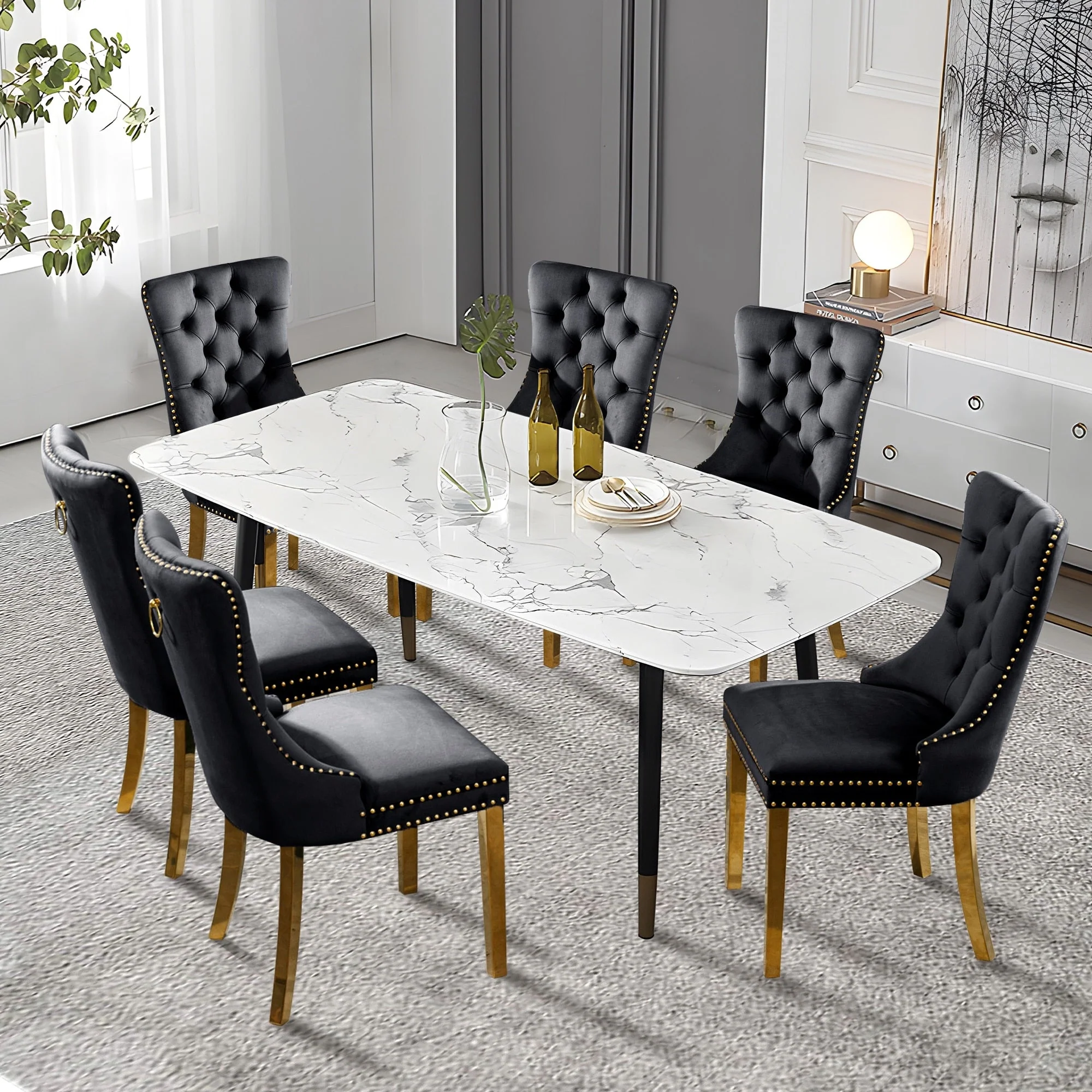 Upholstered Tufted Velvet Dining Chair with Solid Wood Legs Set of 6