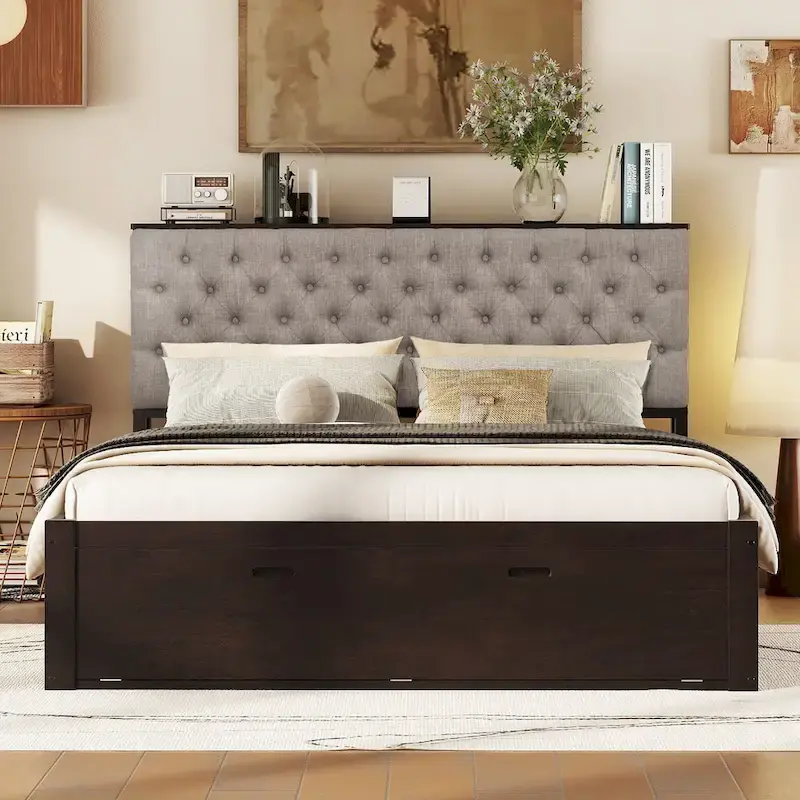 Queen Platform Bed - Espresso - Storage Headboard with 4 Drawers