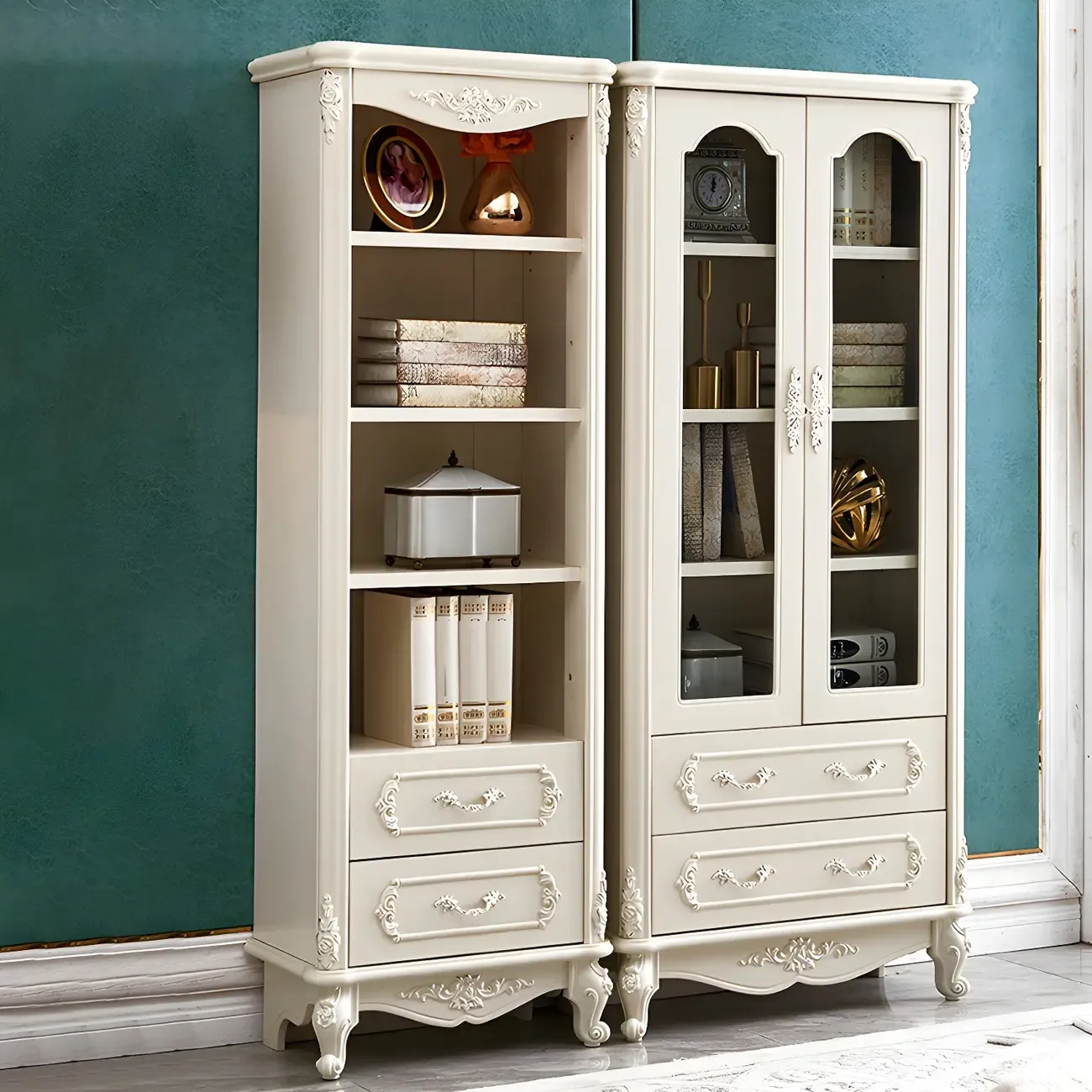 French Country White Wood 2-Drawer Bookcase with Doors