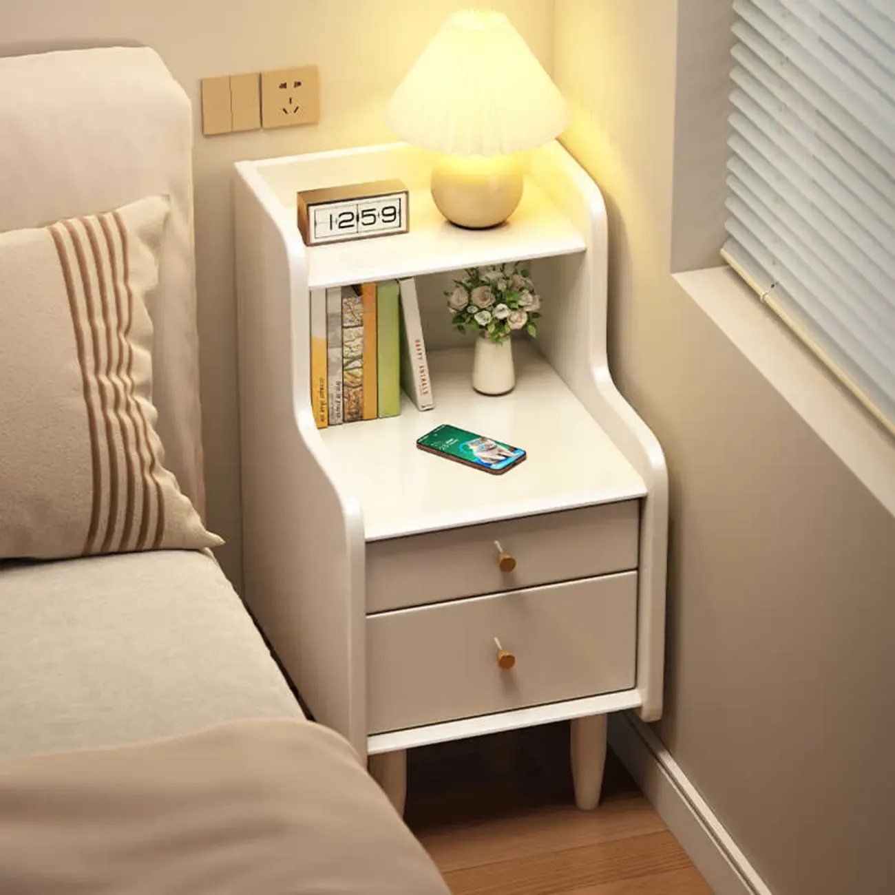 Tall Nut-Brown Wood Beside Nightstand with Drawers