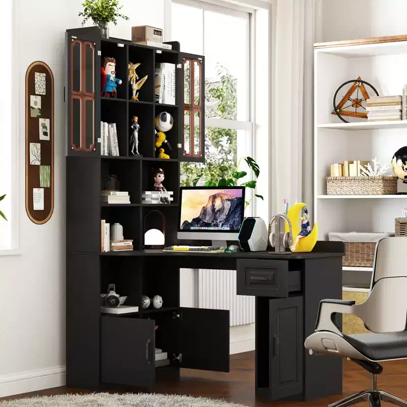 L Shaped Desk with Hutch, Corner Desk with Hutch and Drawers, Modern Computer Desk for Home Office Study Room, 2-in-1 Writing Study Table