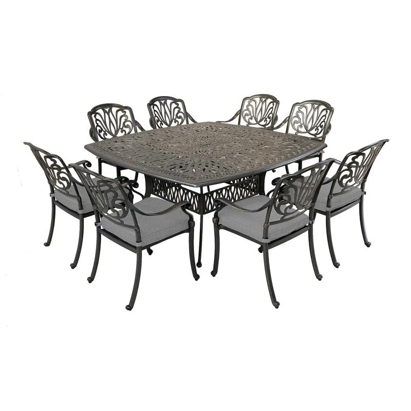 Saratoga 9-piece Gun Metal Aluminum Square Dining Set with 8 Cushioned Arm Dining Chairs