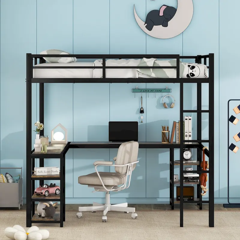 Black Full Size L-Shaped Metal Loft Bed with Desk, Shelves, Ladder & Guardrails, 1-Person
