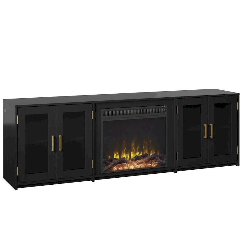 TV Stand with Electric Fireplace and Glass Cabinet Doors, Fits TVs up to 80