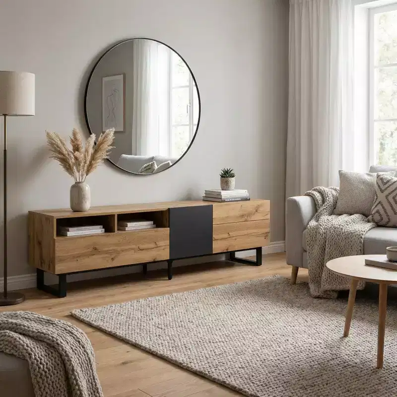 JVNOXK 70.90-inch Modern Entertainment Center TV Stand accommodates 80-inch TVs, featuring dual-level storage compartments, Wood