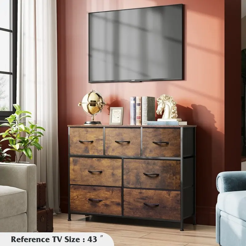 White / Rustic Brown 7-Drawer Fabric Dresser – Modern Style, Family Use