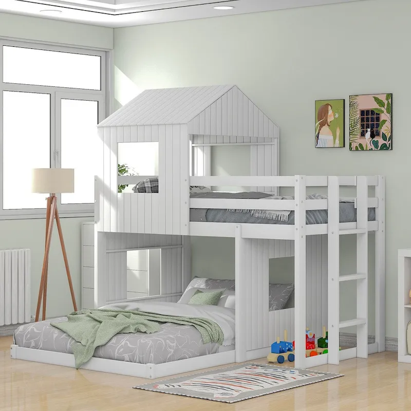 White Twin-Over-Full Bunk Bed with Loft & Playhouse, Sleeps 2