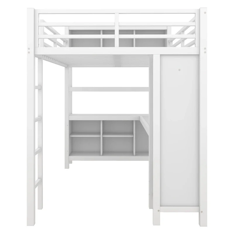 Metal Loft Bed with Wardrobe And L-shaped Desk