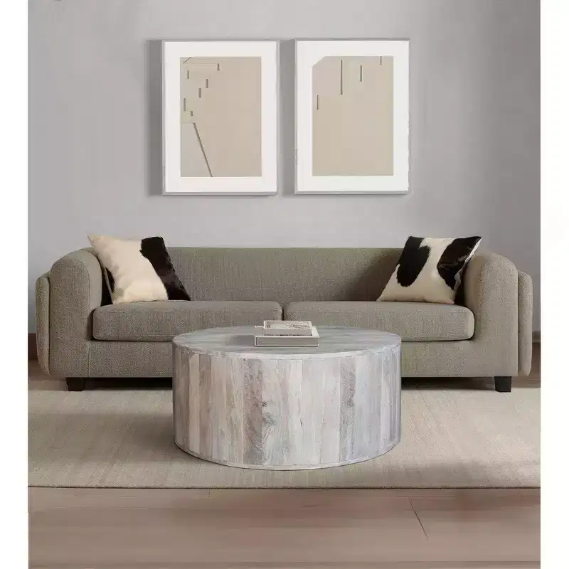 Royal Hampton 36 Inch Coffee Table, Handcrafted Drum Shape, Washed White Mango Wood