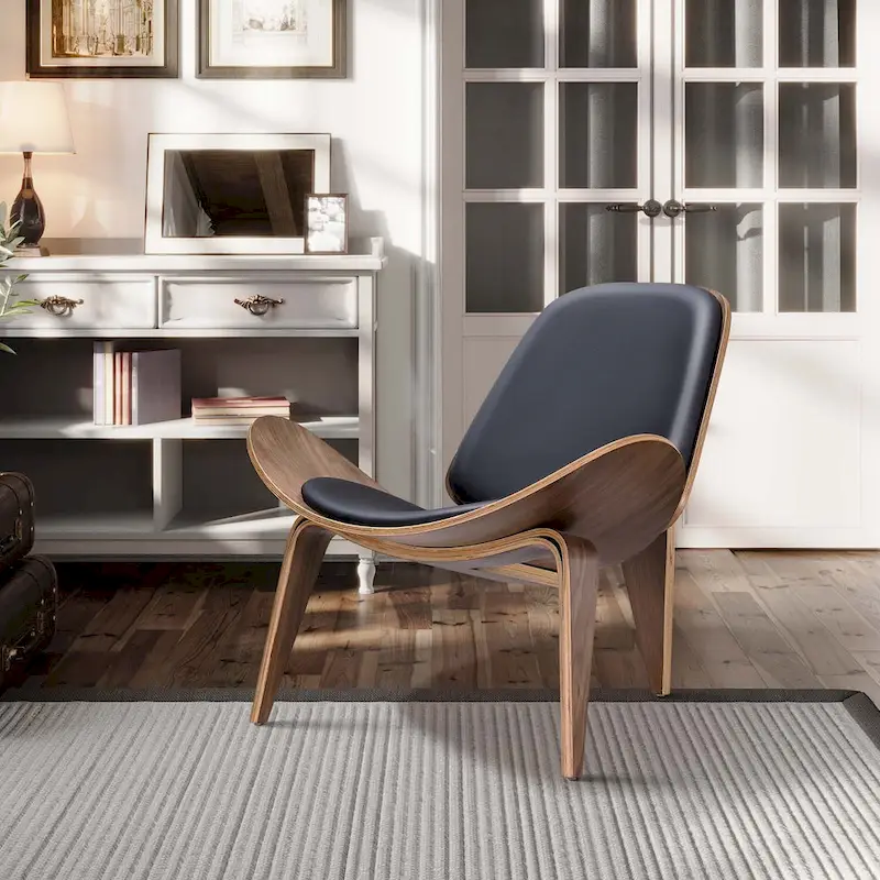 Mid-Century Style Shell Chair Upholstered Leather Lounge Chair