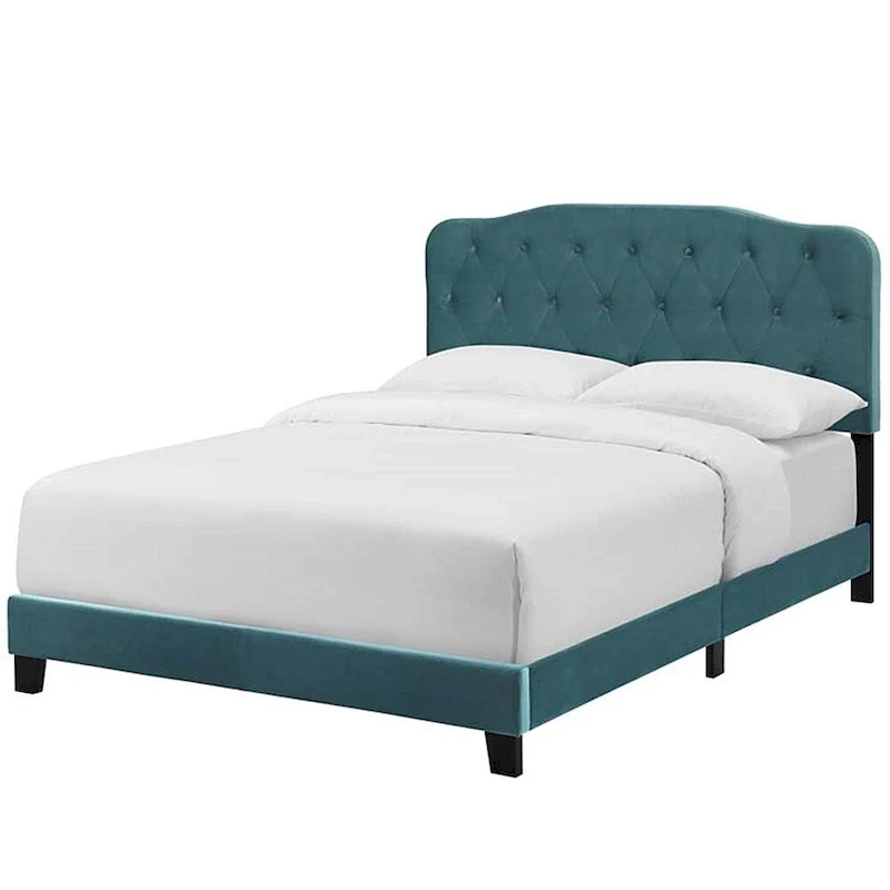 Queen Size Teal Velvet Platform Bed with Button Tufted Headboard