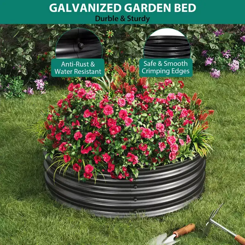 Round Metal Raised Garden Bed, Galvanized Steel Planter with Rubber Edge, Bottomless Outdoor Garden Bed, Black