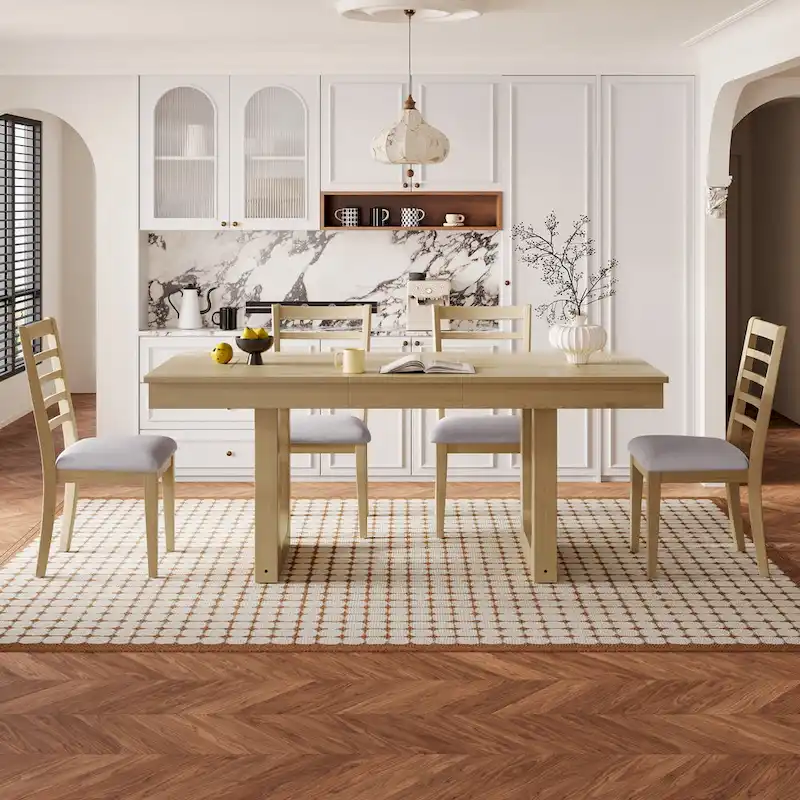 5 Piece Extendable Dining Table Set, Farmhouse Extendable Table with 18  Move Leaf