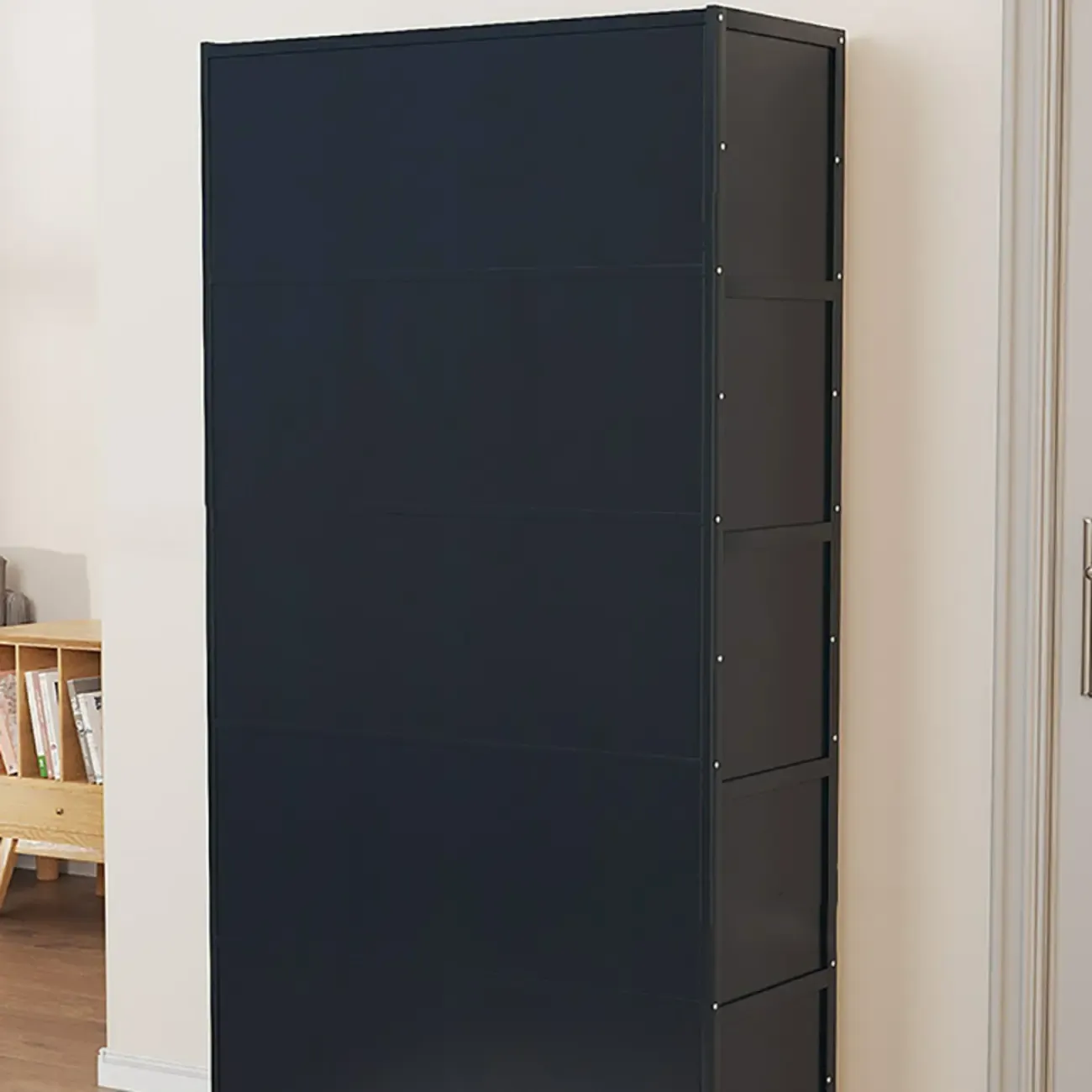Modern Black Bamboo Shoe Cabinet with Rattan Panels