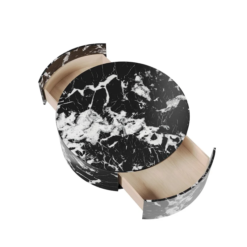 Modern Faux Marble Round Coffee Table Center Table with 2 Drawers, Fully Assembled