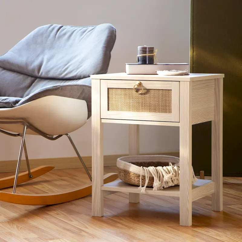 Farmhouse 1-Drawer Rattan Nightstand Set of 2