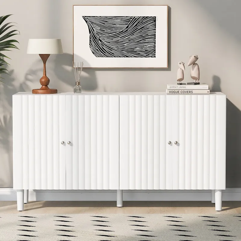 Elegant Four-Door Sideboard – Wavy Doors, Cylindrical Legs & Metal Handles