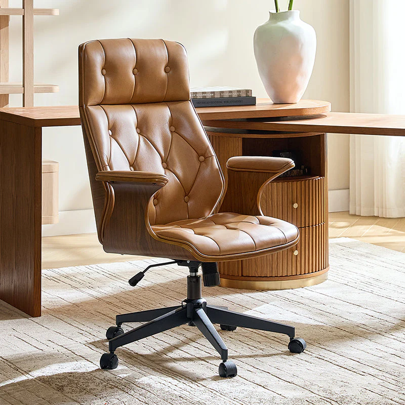 Curved Wood Back Leather Office Chair with Button Tufting, 14° Tilt & Swivel Casters | Camel / Burgundy | Single Seat